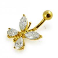 MC จิวสะดือ เงินแท้ชุบทอง รูปผีเสื้อประดับอัญมณี Yellow Gold Plated Silver Clear Jeweled Fancy Butterfly Belly Bar