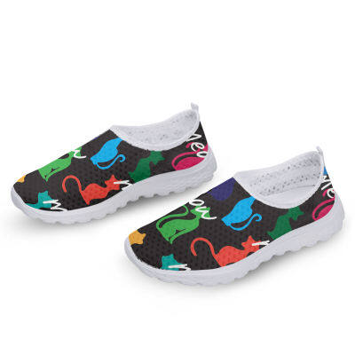 INSTANTARTS Trendy Cat Print รองเท้าตาข่ายระบายอากาศน้ำหนักเบา Rainbow Print Loafers Soft Sole Slip On Shoes Walking Shos