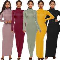 LYQ-Plus Size Party Solid Color Women Long Sleeve Turtleneck Bodycon Maxi Dress