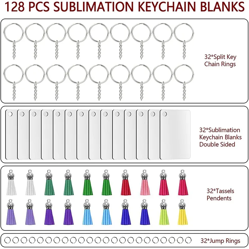 128pcs Sublimation Keychain Blanks Set Key Rings Sublimation Blanks Heat  Transfer Keychain Tassels