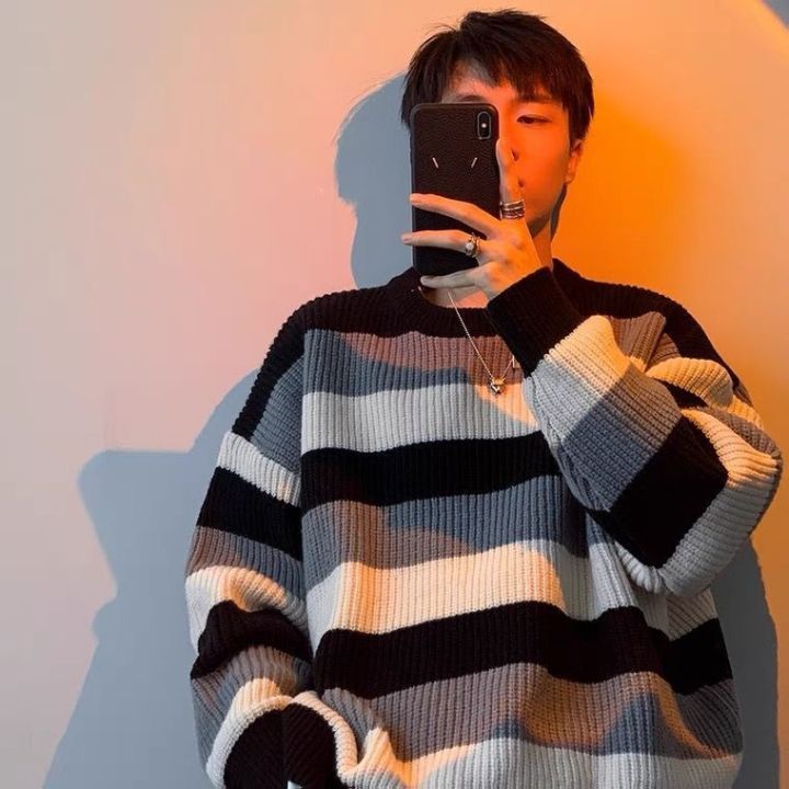 codtheresa-finger-mens-sweater-striped-color-matching-sweater-mens-autumn-winter-ins-trendy-loose-bottoming-top-retro-round-neck-hong-kong