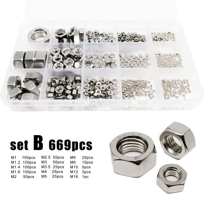 รวม 445/669 ชิ้น M1 M1.2 M1.4 M1.6 M2 M2.5 M3 M3.5 M4 M5 M6 M8 M10 M12M16 304 สแตนเลส Hex Hexagon Nut ชุด Assortment Kit-Shop5798325