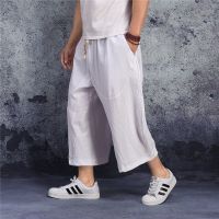 Summer Men‘s Loose Pants Fat Man Large Size Straight Wide-Leg 7-Point Pants Cotton Linen Solid Color Thin Pants Male