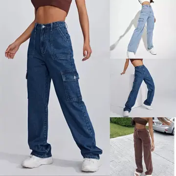 Women's High Waist Cargo Jeans Elastic Waist Straight Wide Leg