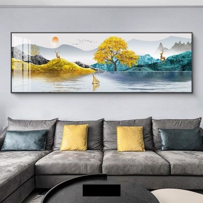 สไตล์จีนใหม่ Mountain Lake ภาพวาดผ้าใบ Wall Art Golden Tree ภูมิทัศน์โปสเตอร์และภาพพิมพ์สำหรับตกแต่งห้องนั่งเล่น