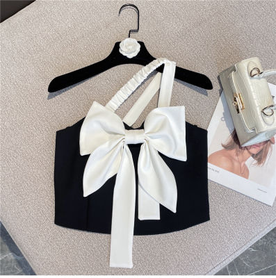 2022 Spring Summer New French Fashion Halter Oblique Shoulder Strap Contrast Color Bow Short Vest Slim Fit Elegant Sling Tops