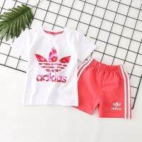 Original AdidasˉNEW Boys And Girls Summer New Clover Print Short-Sleeved Shorts Cotton Suit Children S Two-Piece SuitTH