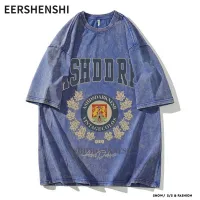 EERSHENSHI เสื้อสไตล์แขนสั้นหล่อพิมพ์ลายสไตล์หล่อของผู้ชายวินเทจคอกลมเสื้อยืดแบบหลวม