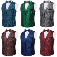 Victorian Business Vest สำหรับ Man Royal Blue Paisley Bowtie Pocket Square Cufflinks ชุดปรับผู้ชายงานแต่งงาน Waistcoat