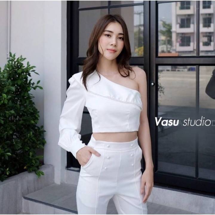 setเสื้อกางเกง-อก36-งานป้าย-vasu-studio-ชุดไปคาเฟ่-ชุดเซ็ทผู้หญิง-ชุดเซทกางเกงขายาว-กางเกงผู้หญิง-เสื้อไหล่เฉียง-เสื้อไหล่เดียว-เสื้อไหล่ปาด