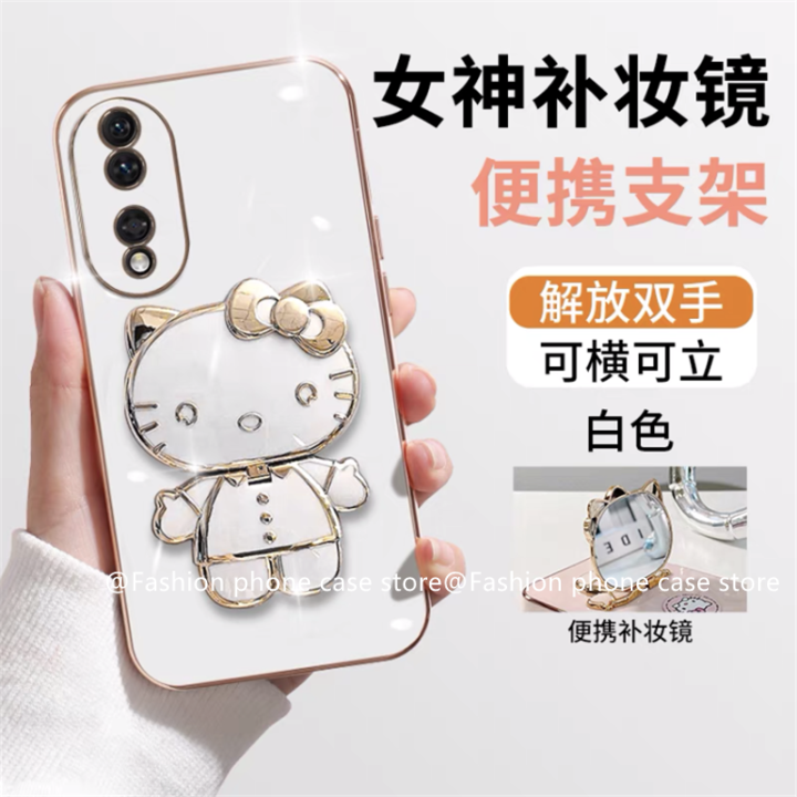 phone-case-เคส-honor90-honor-90-lite-5g-เคสลายการ์ตูนน่ารักเฮลโลคิตตี้ลูกอมชุบพร้อมกระจกแต่งหน้าพกพาได้ฝาครอบแบบนิ่มที่วางโทรศัพท์2023