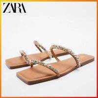 ZARAˉsummer new womens shoes natural color rhinestone French one-word strap flat sandals