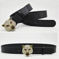 (ร้อน) Western Rhinestone Tiger Design โลหะผสมหนังสีดำผู้ชายเข็มขัดแฟชั่นธุรกิจหรูหราคู่กางเกงยีนส์ Causal กางเกง Strap