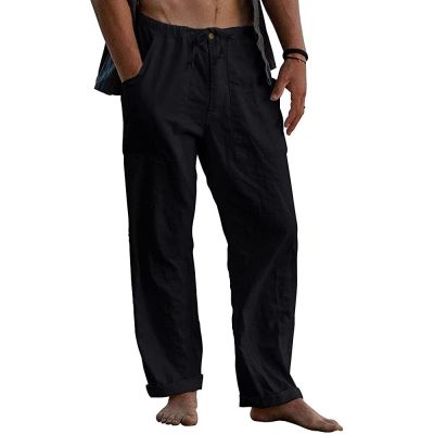 กางเกงฝ้ายลินินผู้ชายใหม่2022กางเกงยืดกางเกงชายหาดสีทึบระบายอากาศได้ดีสำหรับฤดูร้อน