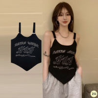 ?HOT SALE?เสื้อสายเดี่ยวสีดำชายแหลม ไหมพรมร่องแต่งลวดลายรีดเพชร