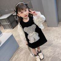 利Girls long T2022 summer new Korean style girls cute Pearl bear breathable cotton round neck lace sleeve dress