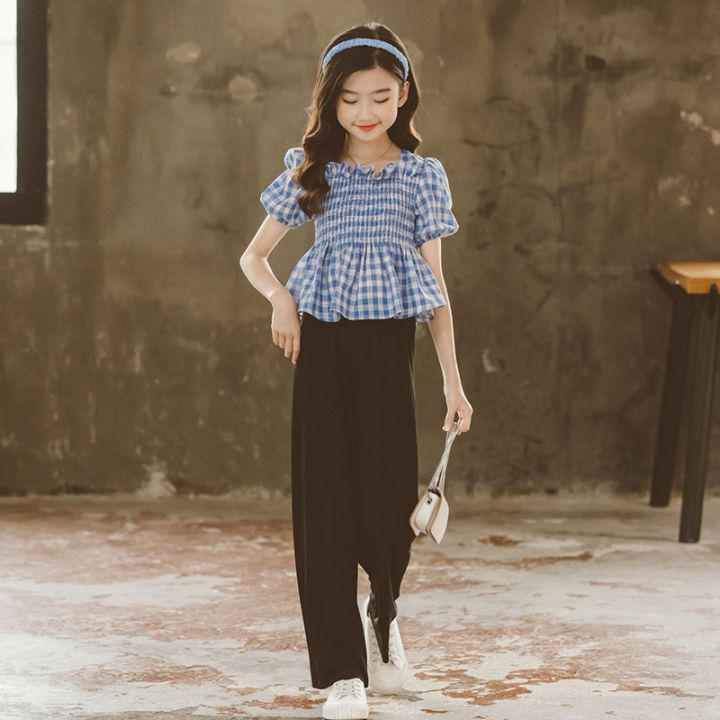 cod-ชุดกางเกงขายาวเด็กหญิง-2022-ชุดสองชิ้นกางเกงขากว้างลายสก๊อตเจ้าหญิงสไตล์เกาหลีรุ่นใหม่