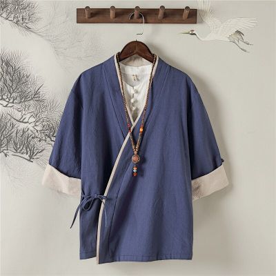 เสื้อโค้ทลำลองสไตล์จีนเสื้อกังฟูฝ้ายลินินย้อนยุคเสื้อกิโมโนฮาริเสื้อโค้ทลำลองสไตล์ซามูไรญี่ปุ่น