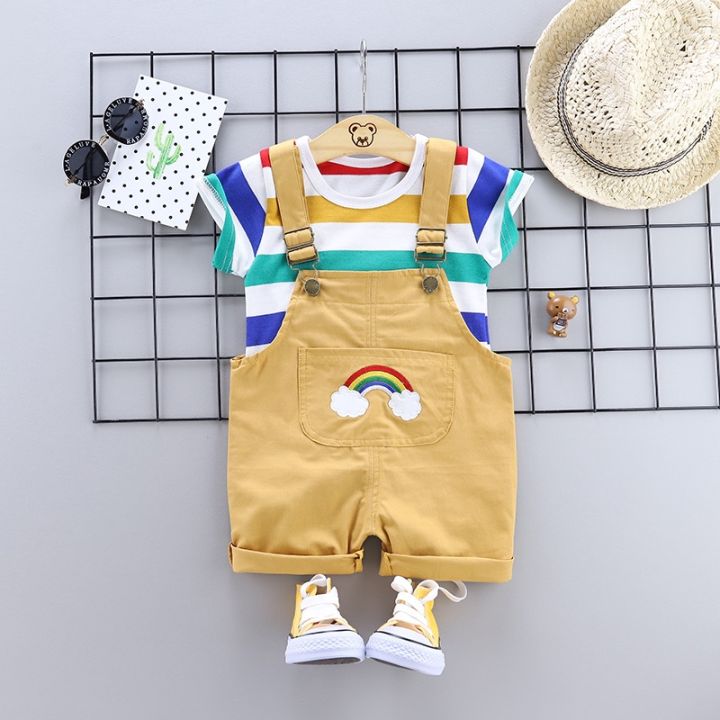 mengqi-2021-new-baju-baby-boys-and-girls-pure-cotton-stripe-short-sleeve-rainbow-back-belt-pants-2-sets-of-quality-childrens-wear