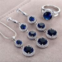 【lz】◄  Crystal Round Zircon Brilhando Conjunto De Jóias Brincos De Anel E Colar Pingente Acessórios De Casamento De Noiva Atacado Azul 3 Pcs