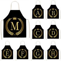 Black Golden Crown Letter Alphabet Print Kitchen Apron for Woman Man Cotton Linen Aprons For Cooking Home Cleaning Tools 53x65cm