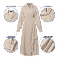 VONDA Women Korean Plain Long Sleeve Lapel Button Elegant Pleated Long Dress