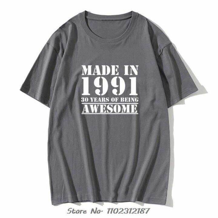 funny-30th-birthday-เสื้อยืด-made-in-1991-tees-ลำลอง30ปี-being-awesome-t-เสื้อผู้ชาย-geek-เสื้อ-t-เสื้อผู้ชาย-slim-fit