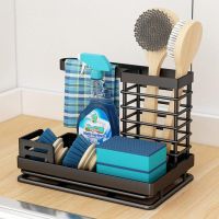 Kitchen Sink Caddy Sponge Holder with Drainer Counter Organizer Shelf Black Dishcloth Hanger Brush Storage Drying Rack Metal