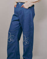 Compose. | CLUB ✿ 28 Club Wonder Denim Pants in Blue | กางเกงยีนส์ขายาว ดีเทลตัดต่อผ้าลายปักดอกไม้ ผ้าเดนิม สีน้ำเงิน