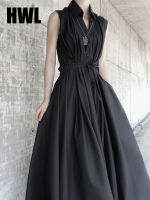 Dark Black Irregular Ultra-Long V-Neck Dresses 2022 Strretwear Elegant Belt Mid-Length Shirt Skirt Dress Women