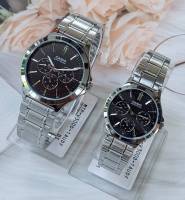 นาฬิกาคู่รัก Casio รุ่น MTP-V300D-1A และ LTP-V300D-1A นาฬิกาสายแสตนเลสสีเงิน หน้าปัดดำ - ของแท้ 100% รับประกัน CMG 1 ปีเต็ม