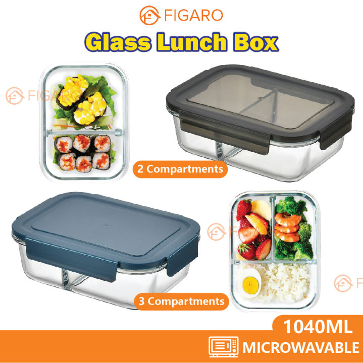 1040ml Glass Lunch Box with 3 Compartments Microwavable Meal