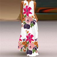 Flowers Print 2023 White Dresses Casual Elegant Spring Summer Long Dresses Woman Sleeveless Beach Party Dress Women Pockets