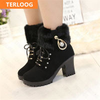 2022 New Winter Women High Heels Shoes Warm Non-slip Block Cow Suede Warm Snow Boots Fashion Designer Crystal Plush Goth Botass