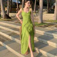 Sense of summer green dress female senior French striking the niche chic temperament condole belt skirt falbala design feeling