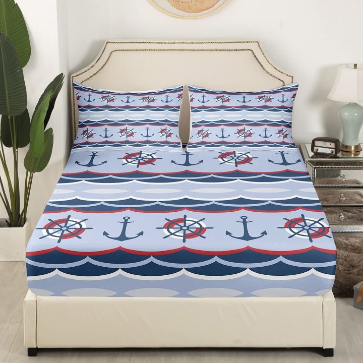 cw-fitted-sheet-ship-setsretro-steering-bed-sheets-theme-sketch-sea-set