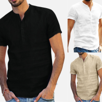 Brookv HuttbMens Fashion Business Stand Collar Short Sleeve Comfortable Cotton and Linen Shirt