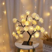 ♦✿ 24 LED Rose Flower Tree Lights USB Table Lamp Fairy Maple Leaf Night Light Home Party Christmas Wedding Bedroom Decoration Gift