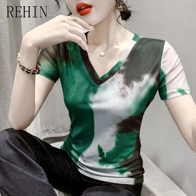 REHIN เสื้อผู้หญิงคอวีสลิมฟิตผ้าตาข่าย,แฟชั่นฤดูร้อนสไตล์เกาหลีแบบใหม่เสื้อยืดแขนสั้น
