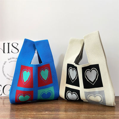 Plaid Knit Casual Tote Knot Handbag Bag Wide Shopping Japanese Handmade Knit Handbag Tote Bag Handmade Handbag