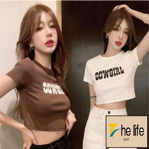 the-life-shopเสื้อครอปคอกลมแขนสั้น-ทรงเข้ารูป-สกรีนลายตรงอก-lt-lt-cow-gril-gt-gt