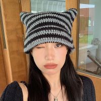 【YD】 New Beanie Hat Ins Little Striped Knitted Wool Cap and Ears Pointed Pullover Womens Hats