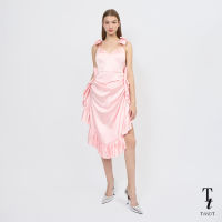 TandT - ANNALYN Dress - BOW EMBROIDERED RUFFLE TRIMMED DRAPE SATIN DRESS  เดรสสั้นสายเดี่ยวกระโปรงรูดย้วยทรงถ่วง สายเดรสตกแต่งโบว์ที่ไหล่ ตกแต่งรูดระบาย ผ้าซาติน