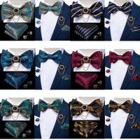 ▣❅ New Design Business Wedding Party Bowtie Men Blue Gold Paisley Silk Bow Tie Pocket Square Brooch Pin Set Butterfly Tie DiBanGu