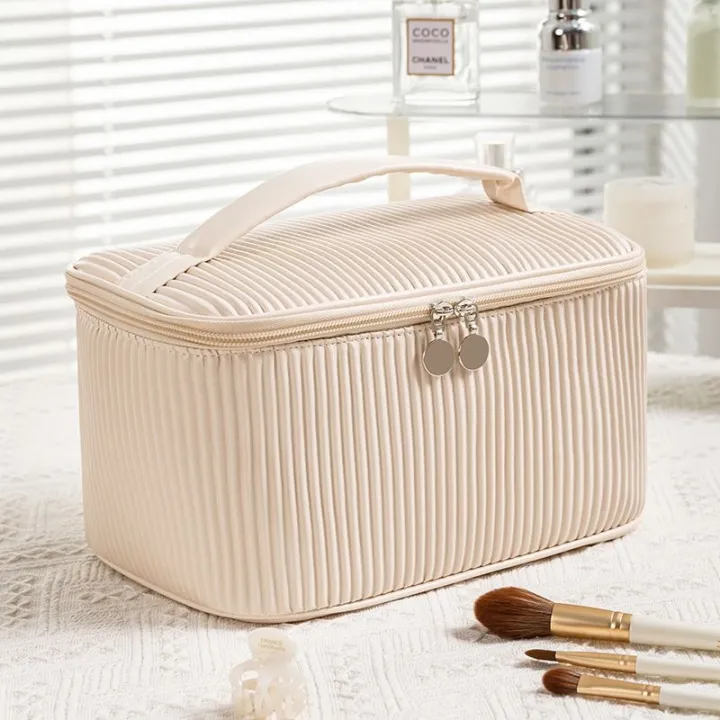 high-end-muji-butter-toast-cosmetic-bag-double-pressed-pleated-wash-bag-large-capacity-light-luxury-handbag-travel-portable-storage-bag