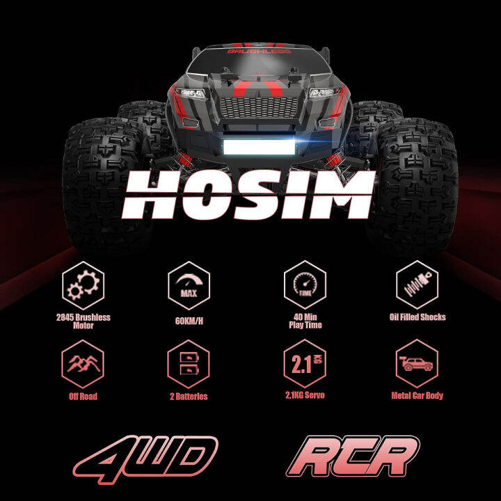 hosim-2845-brushless-60-kmh-4wd-high-speed-rc-monster-truck-1-16-scale-rc-car-all-terrain-off-road-waterproof-2-4ghz-hobby-grade-remote-control-vehicle-for-adults-children-black-red