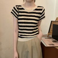 Korean style beige stripes shoulder short-sleeved sweater all-matching womens summer New dignified sense of design chic top fashion