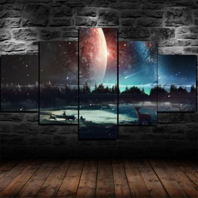 Galaxy Stars Universe Space Deer ผ้าใบพิมพ์ Wall Art โปสเตอร์ภาพภาพวาด HD พิมพ์ตกแต่งบ้าน Room Decor 5 Panel