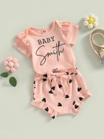 Adorable Infant Summer Outfit Short Sleeve Letter Romper with Bowknot Heart Elastic Shorts Set for Baby Girls  by Hs2023