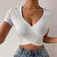 Womens Summer Sexy V-Neck Crop Tops Ladies Short Sleeve Slim Fit T-Shirt Blouse Tee High Quality Clothing Clothes 2023